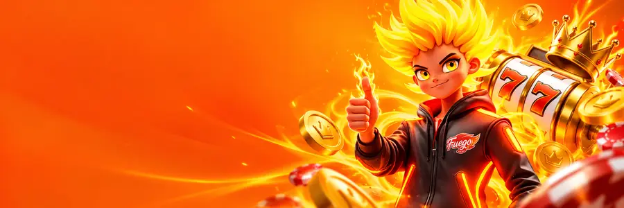 Banner da Fuego Casino com personagem de cabelo em chamas, caça-níquel com sete, coroa dourada e fichas